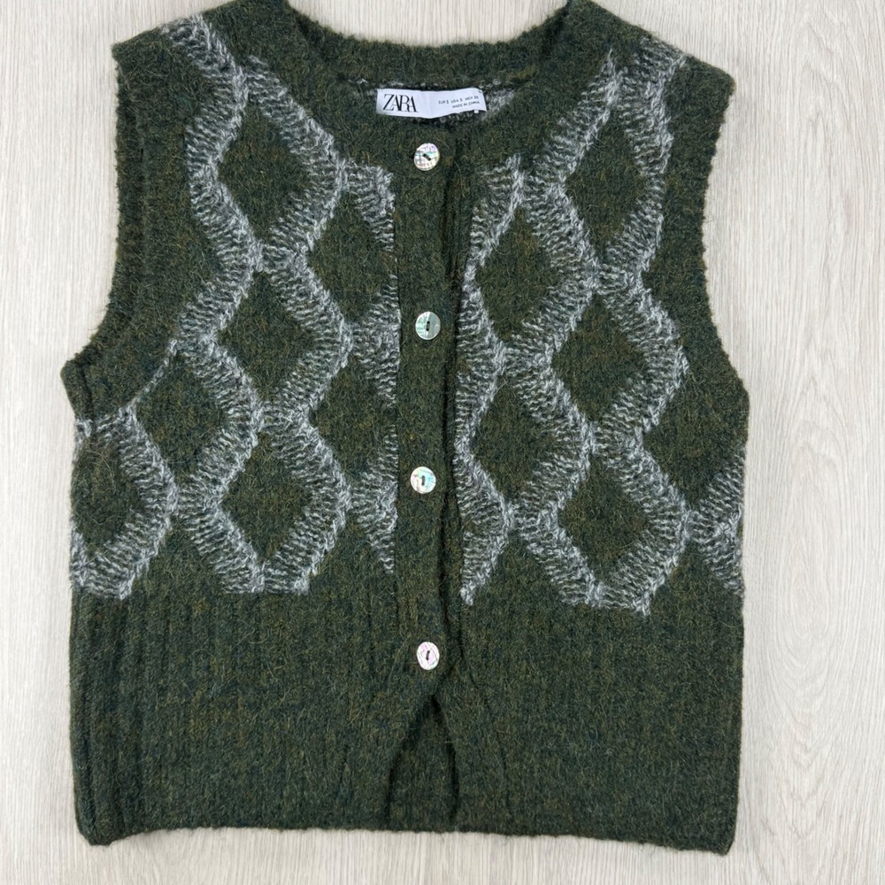 Zara Green Argyle Knit Vest Wool Alpaca Blend Button Front Fuzzy Sweater Small